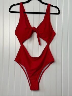 Red Cut-Out Monokini One Piece Swimsuit Size L Tie Front Adjustable Straps